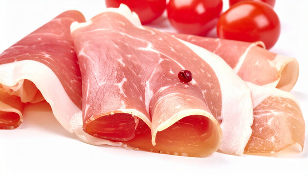 Italian prosciutto crudo and jamon slices isolated on white background, raw ham texture, gourmet food. Close-up.