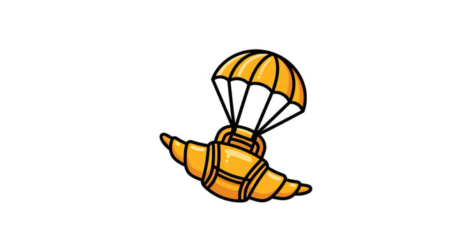 Cartoon croissant character skydiving with an orange parachute.