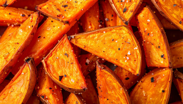 Overhead of sweet potato fries, seasoning grains and crispy edges. Tasty food. Cooking and culinary concept. Close-up.
