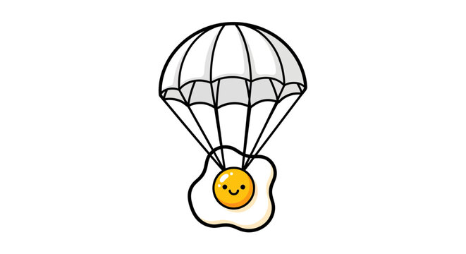 Smiling fried egg character floating with a parachute.