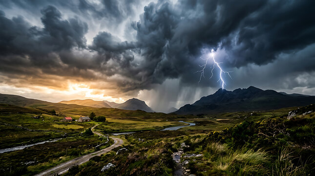 Intense Lightning Storm Over Mountain Landscape. Dramatic Weather, Rain & Sunset for Climate & Risk Visuals.