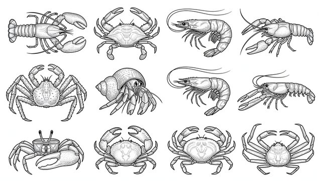 Vintage Seafood Crustaceans and Crabs Engraving Vector Illustration Collection