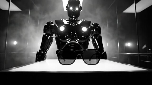 Futuristic robot with glowing eyes and light offers stylish black sunglasses in black and white abstract scene