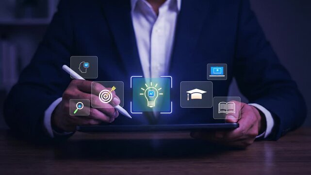Smart education technology with AI powered idea creation, interactive learning icons, and digital knowledge tools used on tablet for personalized study and future ready training experience