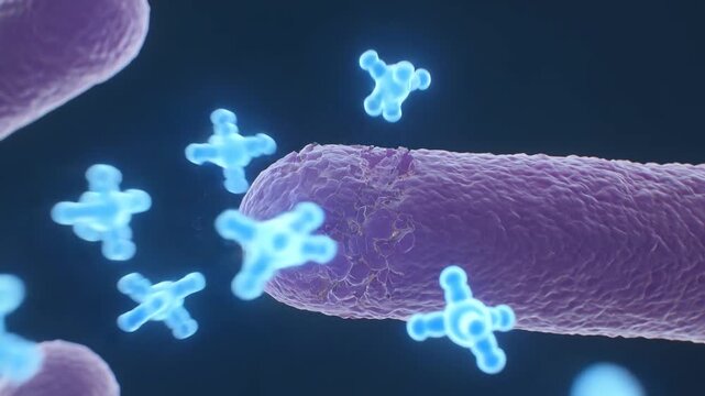 Microscopic visualization of antibiotic molecules attacking bacteria causing cell wall rupture and cytoplasm release in cinematic antimicrobial destruction scene