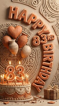 Terracotta Inspired Happy 83rd Birthday Artwork Featuring Decorative Clay Pattern Typography Balloon Ornaments Celebration Cake and Candles