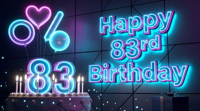 Futuristic Neon Happy 83rd Birthday Composition with Cyan Glow Typography Celebration Cake Candles Floating Balloons and Geometric Wall Panels