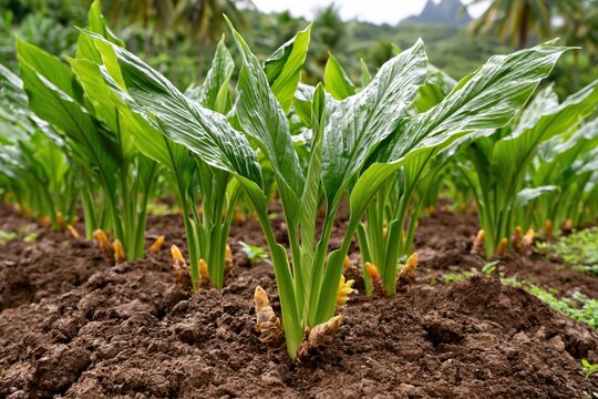 Rows of vibrant green turmeric plants with visible rhizomes growing in rich brown soil.