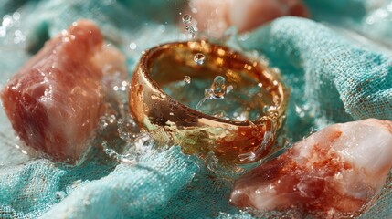 Fototapeta premium A beautiful golden ring elegantly splashes in crystal-clear water surrounded by charming stones, creating a mesmerizing visual moment of luxury and nature.