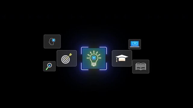 Smart education technology with AI powered idea creation, interactive learning icons, and digital knowledge tools used on tablet for personalized study and future ready training experience