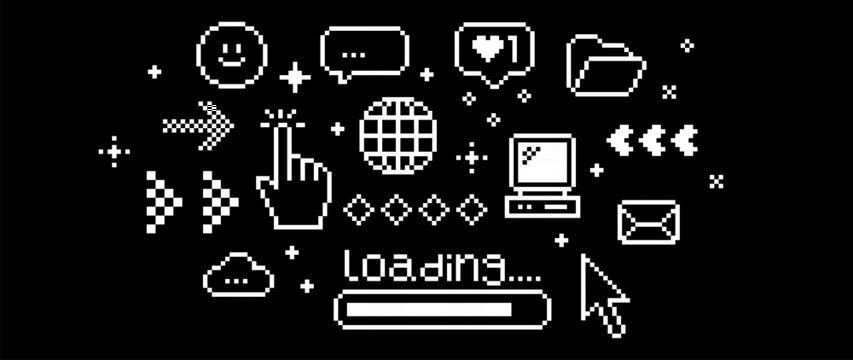 Y2K pixel tech UI pack with loading bar, cursor, notifications, cloud storage, folder, workflow icons on dark background. Retro 8-bit assets for SaaS, dashboards, onboarding, apps, web interfaces