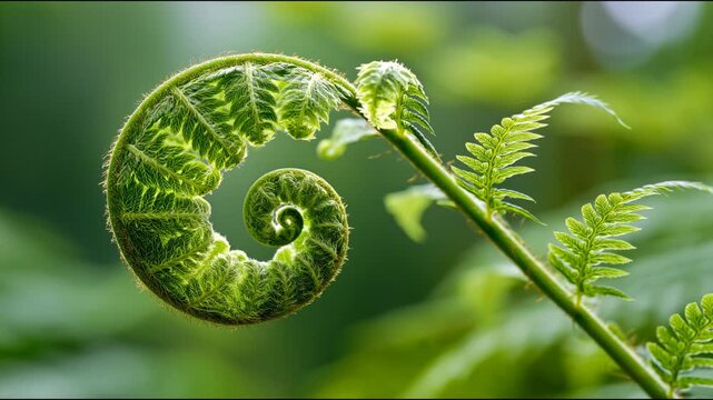 Fern frond unfurling spiral koru in forest
