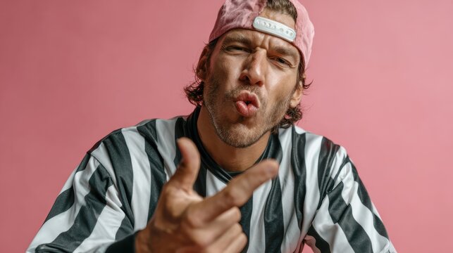 A confident man in sporty attire making a playful gesture, showcasing attitude. This image highlights self-expression and charisma in a vibrant setting.