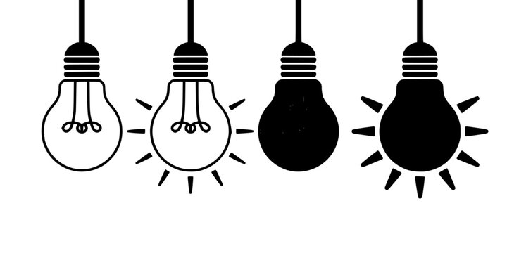 Light Bulbs with Varying Brightness Levels and One Turned Off Featuring Illustration, Black and White, Simple with Minimalist and Design Elements
