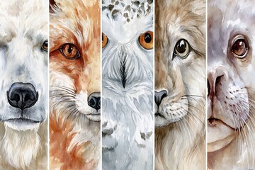 Naklejka premium A watercolor collage featuring close-up portraits of five distinct wild animals in vertical panels.