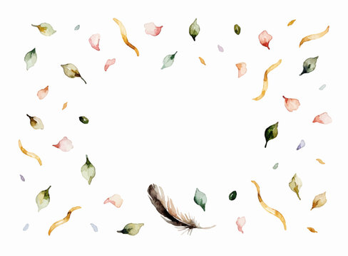 Watercolor feather frame with autumn leaves and floral elements