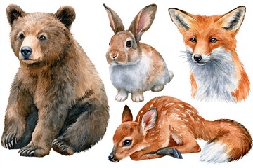 Naklejka premium Watercolor illustration of forest animals: bear cub, rabbit, fox, and fawn on a white background.
