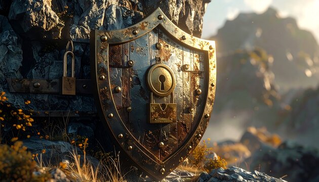 Weathered shield with keyhole and padlocks, on rocks against blurred nature landscape