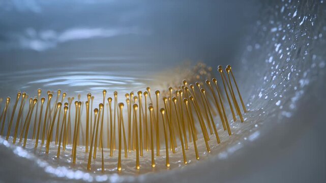 Deep interior cochlea view showing golden hair cells responding to sound waves with fluid motion and vibration in cinematic auditory system visualization
