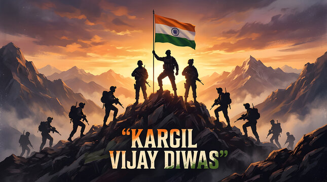 Indian soldiers holding flag on mountain peak at sunset during Kargil Vijay Diwas celebration
