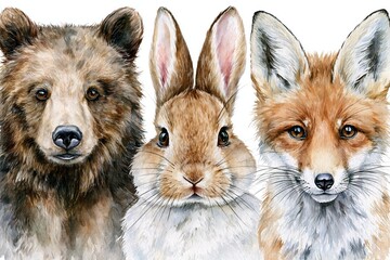 Naklejka premium Watercolor portrait of a bear, rabbit, and fox facing forward, showcasing their detailed fur and expressive eyes.