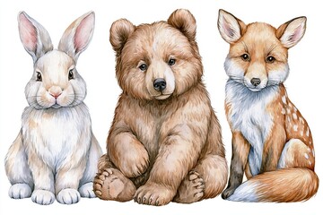 Naklejka premium Adorable watercolor illustration of a fluffy white rabbit, a cute brown bear cub, and a playful fox cub sitting together.