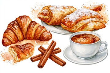 Fototapeta premium Deliciously baked croissants and a cup of coffee with cinnamon sticks, a perfect breakfast treat.