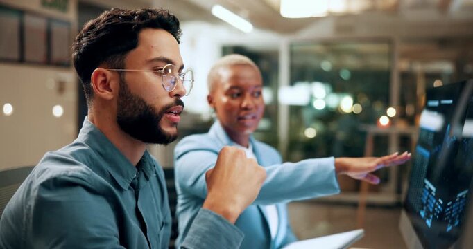 Team, man or trading advice on tech in office for chart patterns, market insight or explain trends. Trader, mentor or pc screen with tablet at night for price movement stats, economy news or thinking