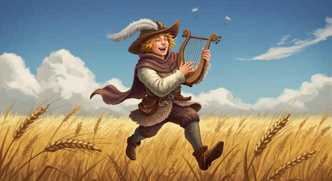 Happy young bard playing lyre while running through golden wheat field. Fantasy character illustration of joyful musician on adventure in nature