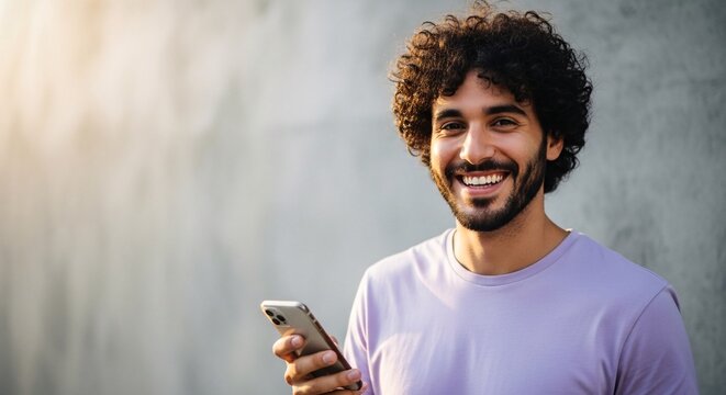 Happy young man with curly hair and beard smiling while holding smartphone outdoors in natural light for technology communication and lifestyle concept