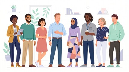 Obraz premium Diverse group of business professionals standing together, representing teamwork, global community, and inclusion in a modern office environment