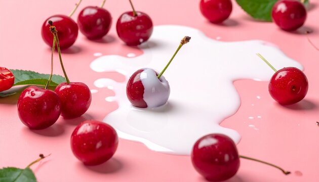 Fresh cherries with white liquid spill on pink surface
