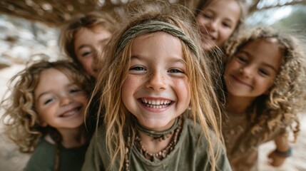 Fototapeta premium Five cheerful children gather together to capture a moment of fun and friendship, their smiles radiating joy, promoting the importance of childhood and imaginative play.