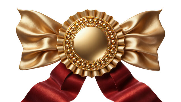 Golden rosette award ribbon with red satin streamers, isolated on transparent background
