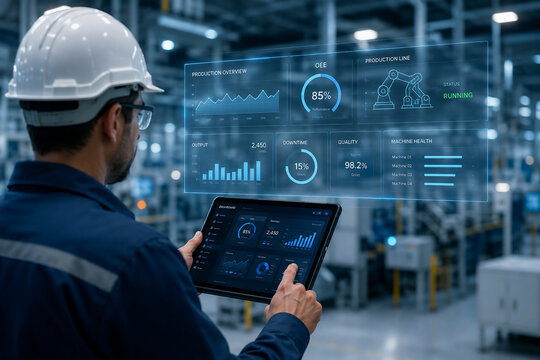 Engineer using digital tablet with holographic data dashboard in modern smart factory