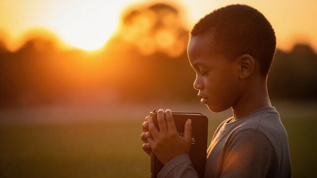 Spiritual young boy praying with bible at sunset. African american child with closed eyes holding holy book in faith and devotion