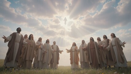 Ascension of Jesus Christ into heaven with disciples watching. Biblical religious scene of resurrection and faith