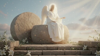 Fototapeta premium Angel sitting on stone of empty tomb. Resurrection of Jesus Christ concept. Easter morning with white lilies and divine light