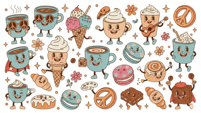 Retro cartoon bakery character border set with cute vintage coffee donut croissant macaron brownie and pretzel vectors for cafe branding.