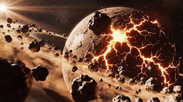Planetary destruction epic cgi animation of a shattering celestial body