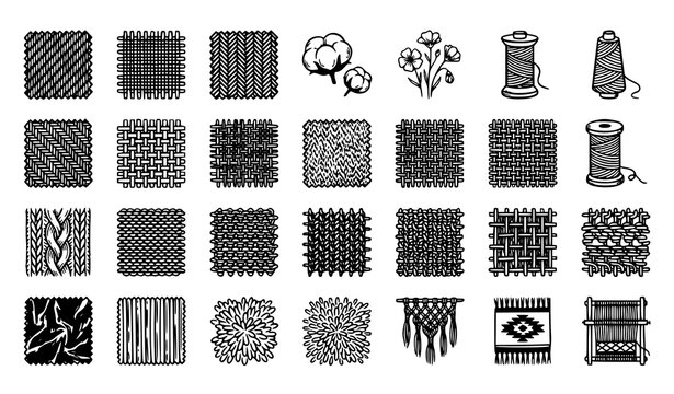 Black and white illustrations of various fabric textures and sewing notions