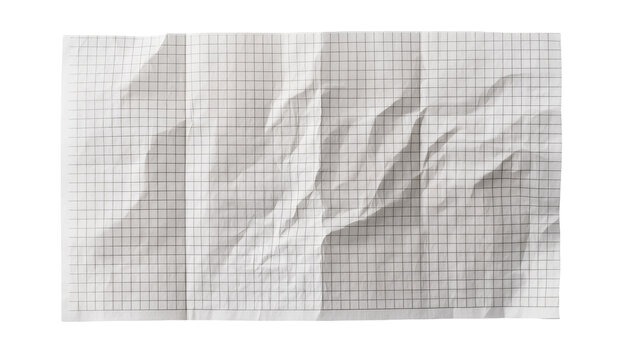 Crumpled graph paper sheet with fine grid lines, isolated on transparent background