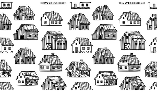 Seamless pattern of sketched houses black and white architectural illustration