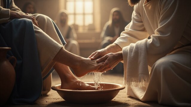 Jesus Christ washing feet of disciple. Act of humility and service in biblical setting. Christian ministry and compassion concept