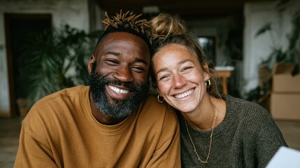 Fototapeta premium This heartwarming image captures a happy, smiling couple embracing each other, showcasing the beauty of love, connection, and intimacy in a casual setting.
