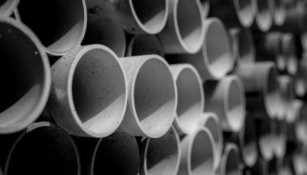 Close-up of Stacked Concrete Pipes in Black and White Perspective