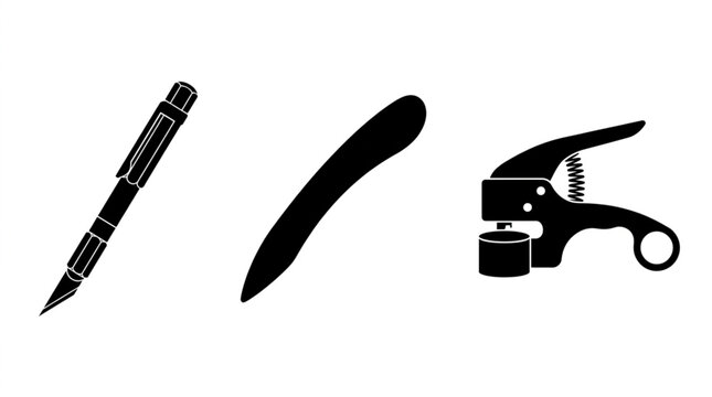 Professional bookbinding tools set with hobby craft knife bone folder and heavy duty hand eyelet punch silhouette vector illustration