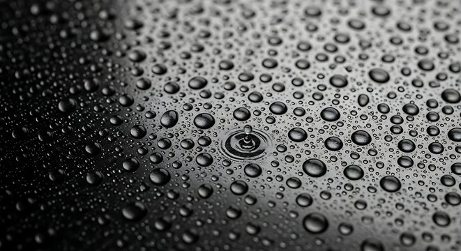 Close-up macro view of fresh water droplets on dark textured surface in natural soft lighting