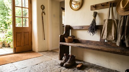 Obraz premium Horizontal shot of a simple, sun-lit mudroom entryway featuring a bench made of reclaimed wood, a pair of worn leather boots resting on a stone floor, and a bundle of dried lavender hanging from a peg