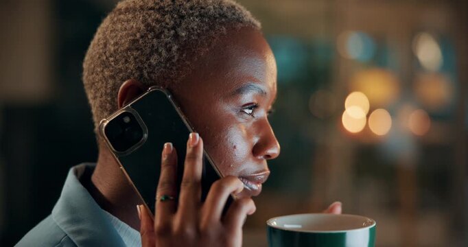 Business, black woman and phone call for night, networking or planning with coffee in office. Tech, chat and African entrepreneur with agreement for conversation, late negotiation offer and drink